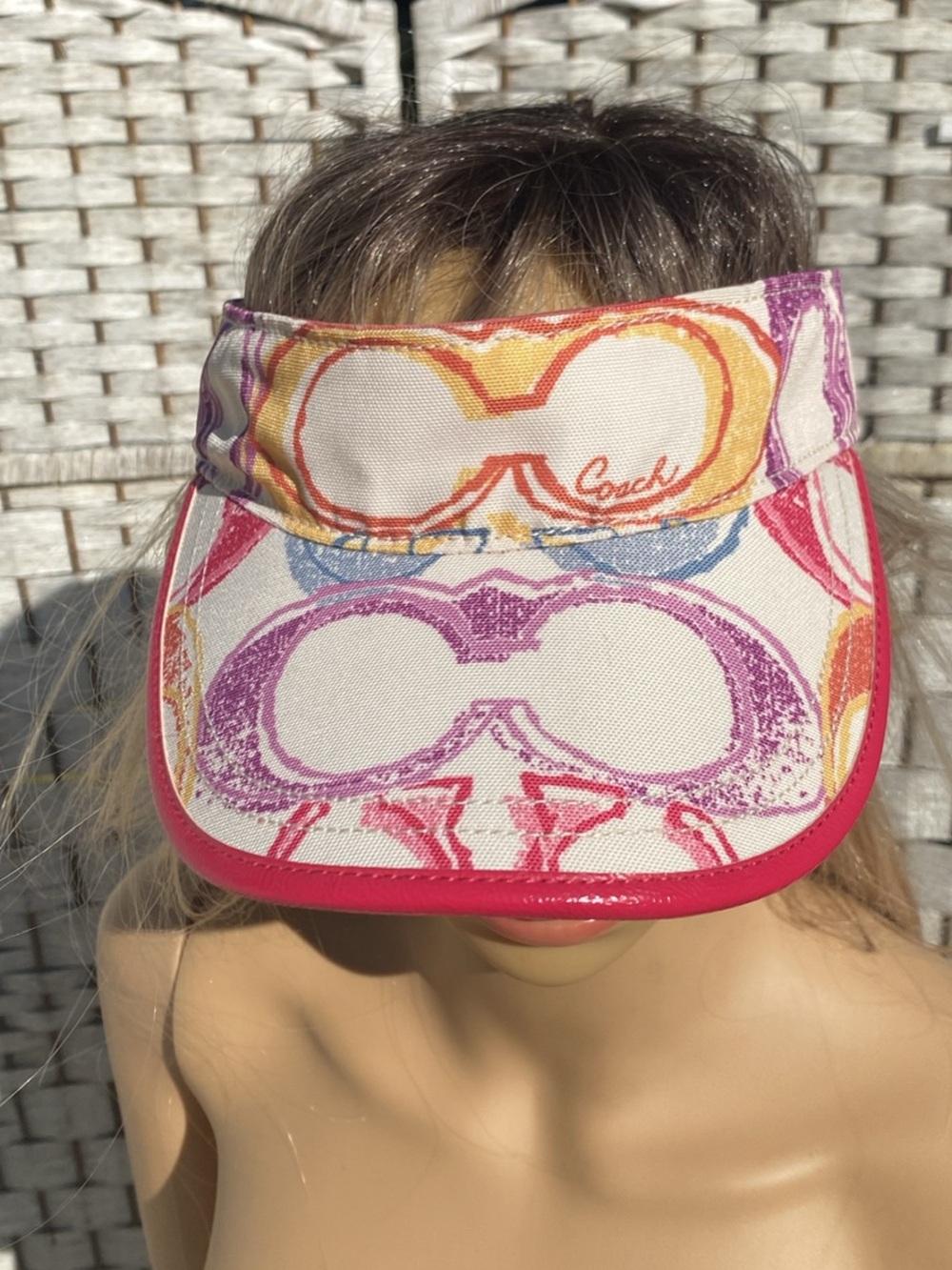 Coach Multicolor Signature Print Visor with Pink Trim